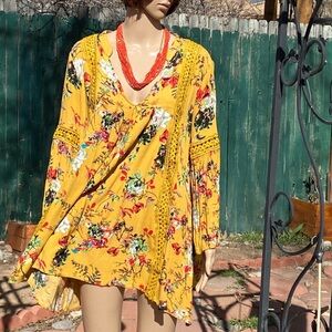 Umgee Boho Floral Crochet Trim Mustard Tunic Top or Mini Dress XL